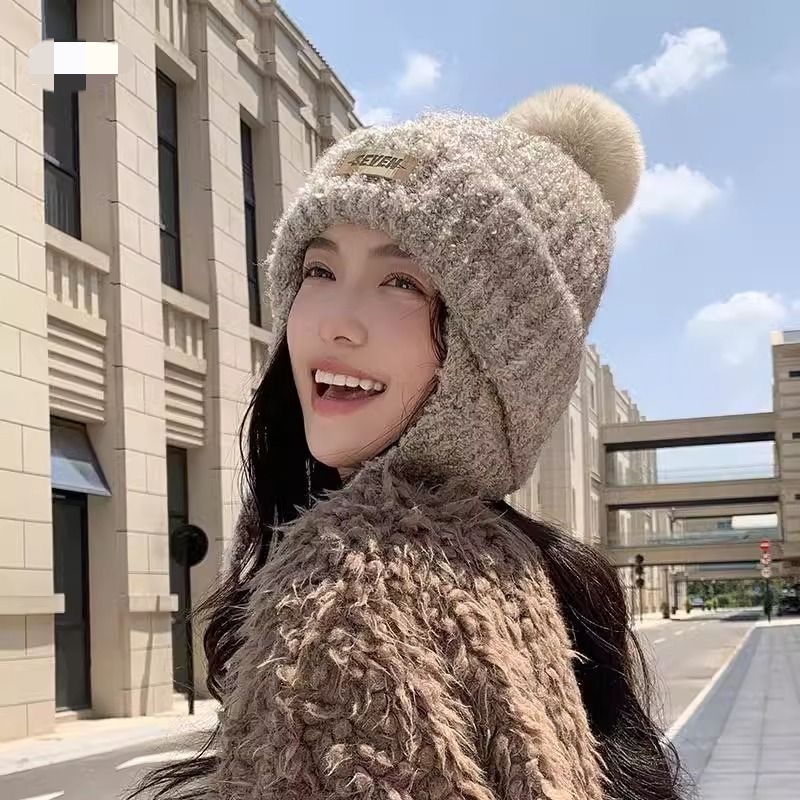 秋冬韩版毛绒帽子女加绒保暖护耳针织毛线帽显脸小百搭套头雷锋帽