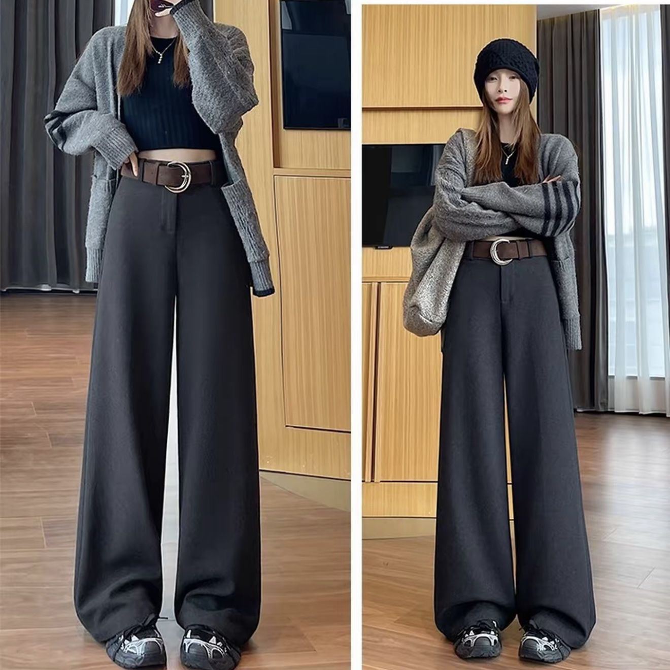 Q秋冬新品加厚毛呢高级感灰色高腰显瘦百搭阔腿西装裤女复古时尚