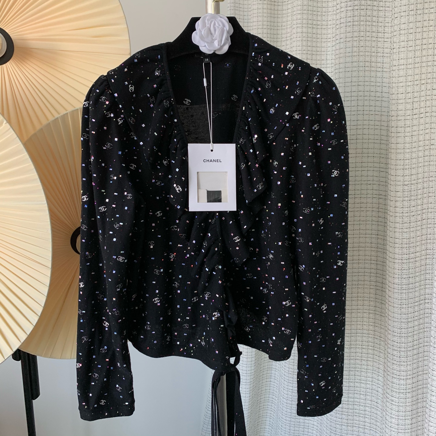 99新 Chanel/香奈儿 满印闪片logo荷叶边外套 38码