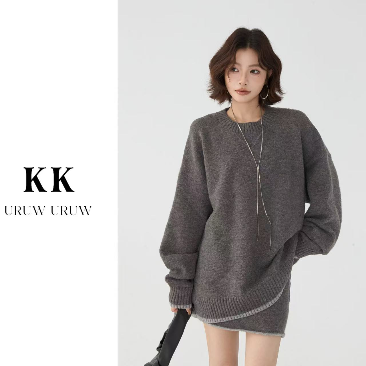 柯柯【经典返场】设计感高级休闲宽松慵懒毛衣短裙套装 K004