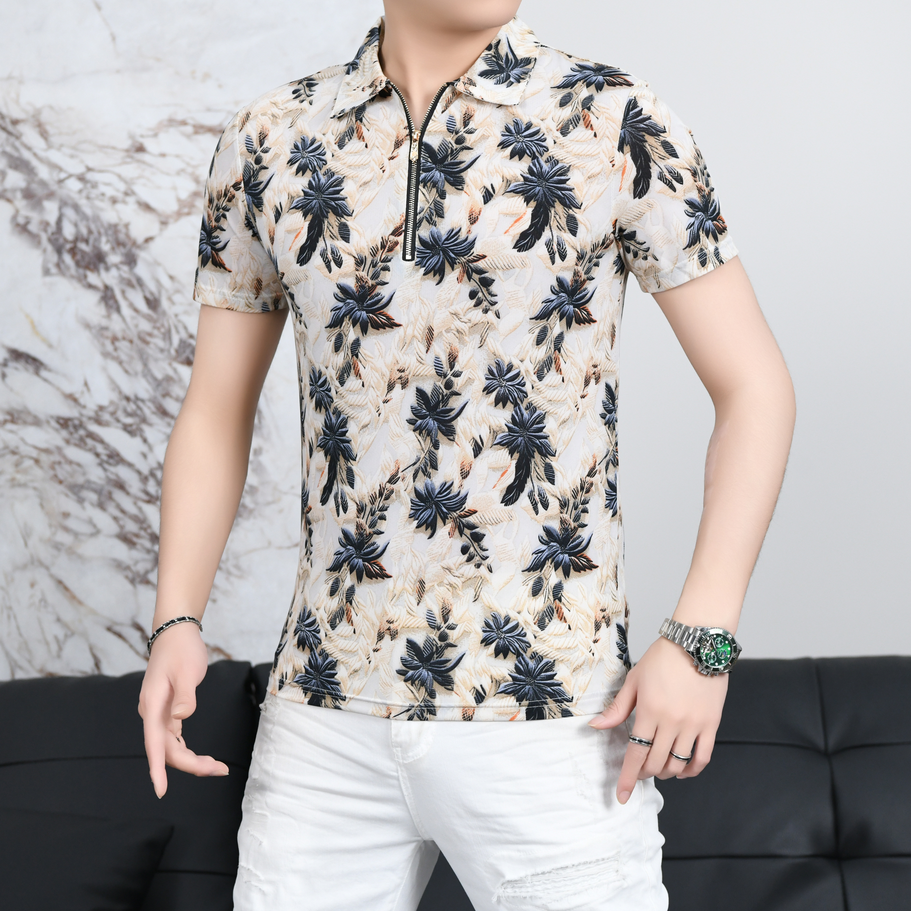 欧货男装时尚休闲夏季商务翻领轻奢拉链百搭透气半袖男士休闲衬衫