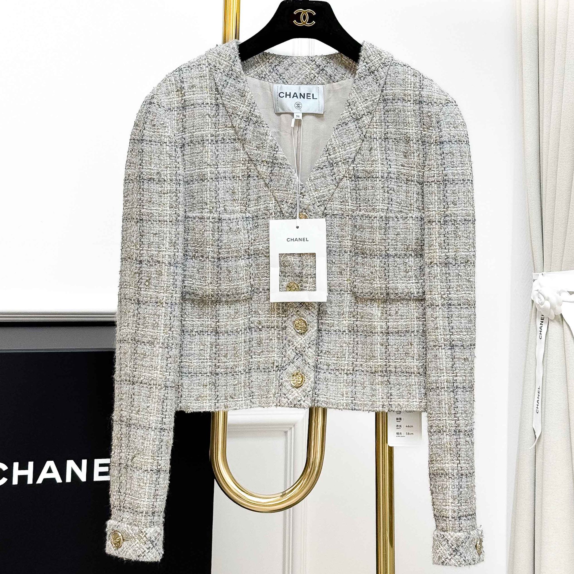 99新 Chanel/香奈儿 36码25B灰色混色格纹编织短款外套