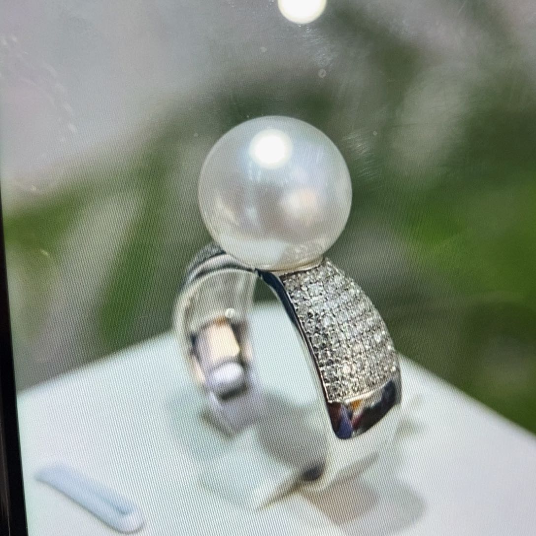 海水珍珠戒指18K金镶嵌I*11-12mm钻 石托