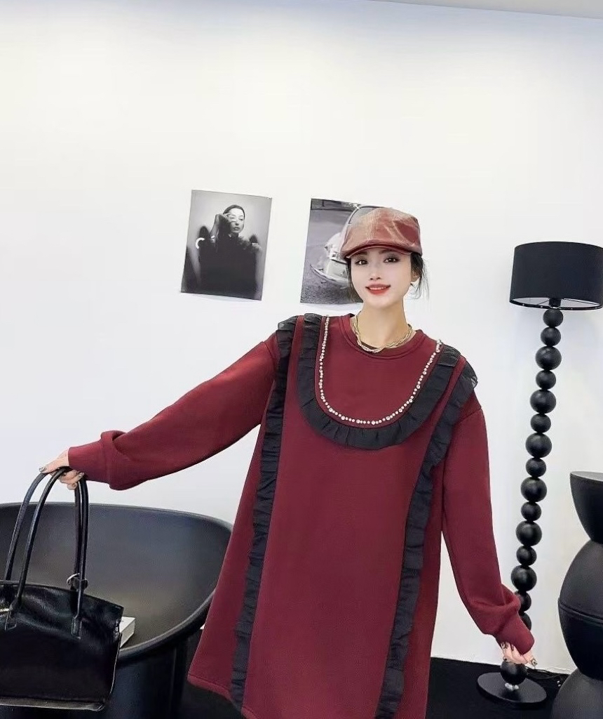 秋冬大码新款8030加绒韩版时尚蕾丝边长袖上衣女百搭长款宽松休闲