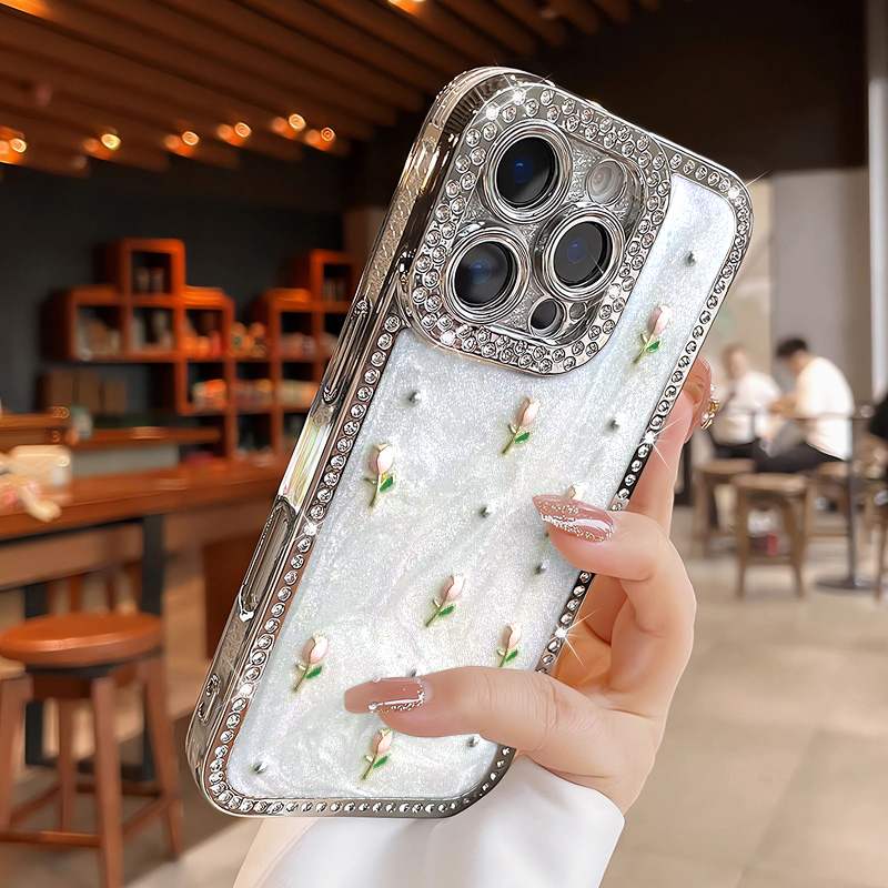ins轻奢水钻玫瑰适用苹果16手机壳iphone15高级14女款13软壳12Pm