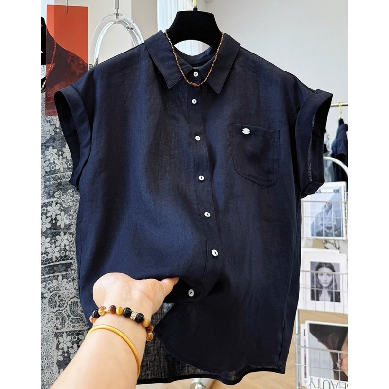 P0252高级感独特漂亮亚麻卷边短袖翻领衬衫女夏气质小衫上衣