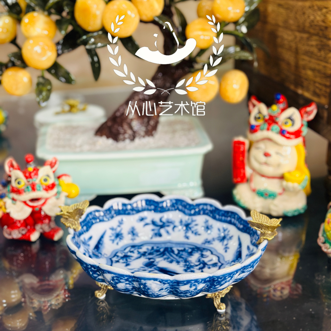 【从心馆】铜配瓷工艺双蝶青花果盘适合家居装饰