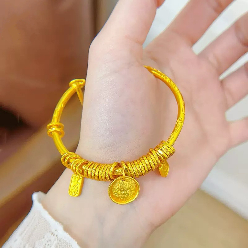 足银手镯 【周佰福】黄财神平安喜乐盘缠手镯闭口手镯小众设计