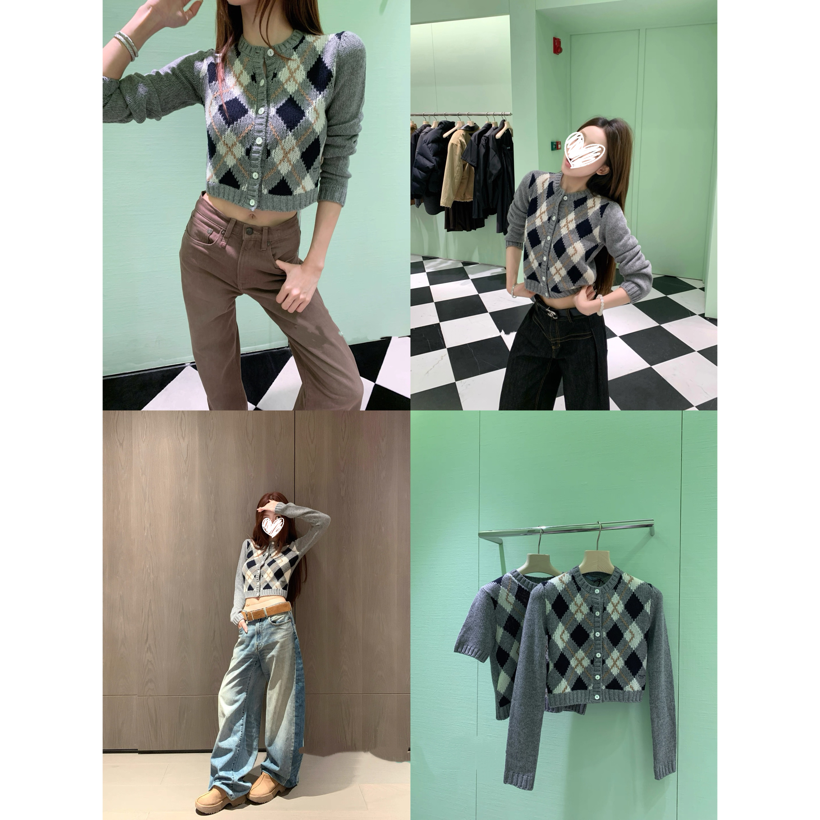 6-8运补主角登场学院风菱格纹圆领长袖秋冬毛衣针织衫