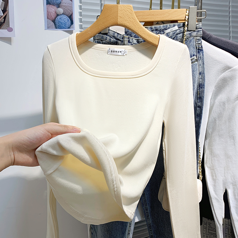 法式方领打底衫女2025秋冬磨毛绒保暖长袖t恤内搭上衣潮