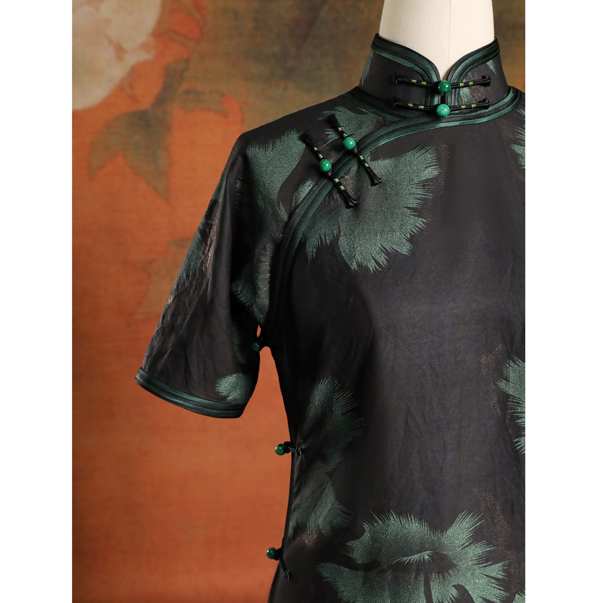 女神姑娘【青未了】香云纱桑蚕丝短袖古法开襟长旗袍Q51113-5-30