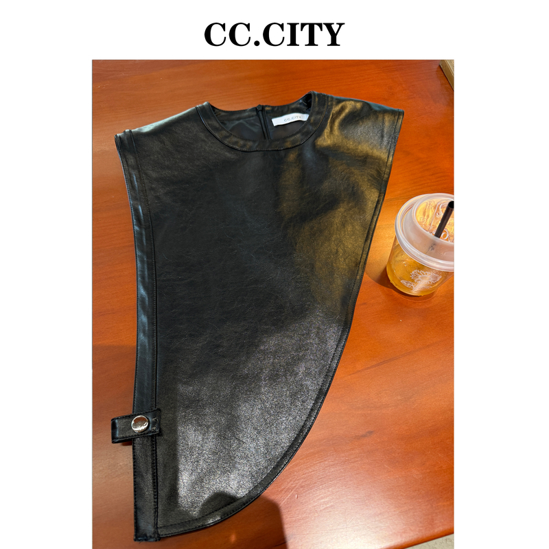 【蔡丽丽&添羽】时尚洋气个性百搭不规则pu马甲6x1219