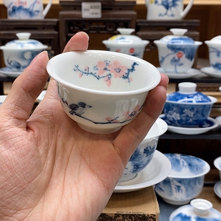 手绘喜上眉梢压手杯85cc釉下彩微瑕福利款