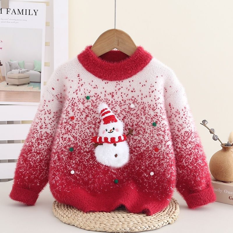 女童水貂绒加绒加厚毛衣秋冬新款针织衫洋气圣诞打底拜年服红色