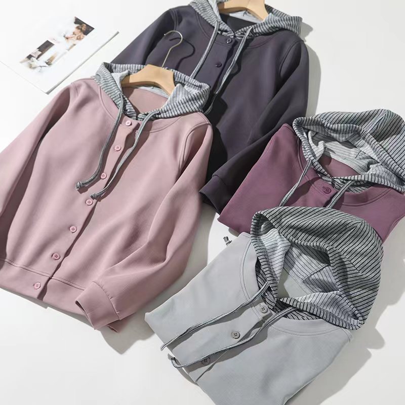 【一键出门】25秋新舒柔显瘦条纹假两件宽松连帽开衫外套#7399