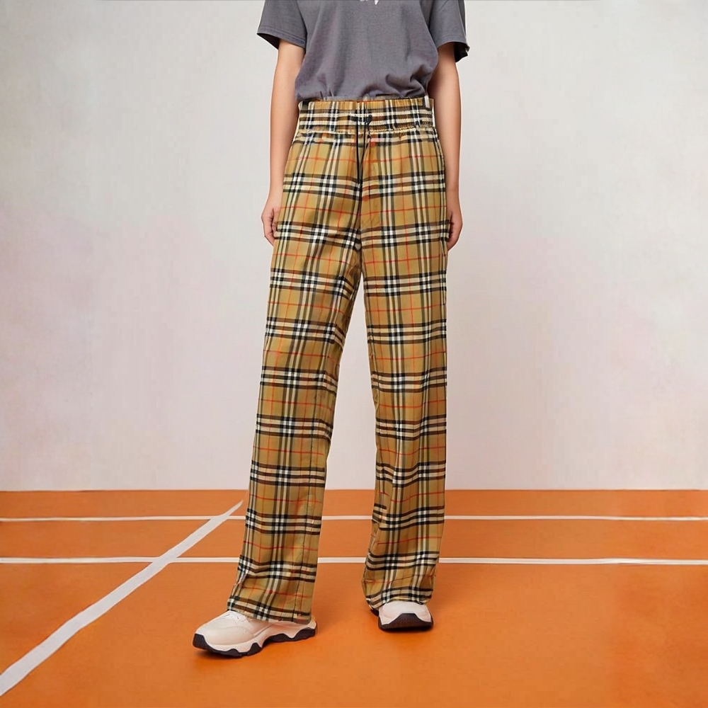 99新 BURBERRY/博柏利 16490134侧边拼接格纹休闲裤 卡其色 UK4码