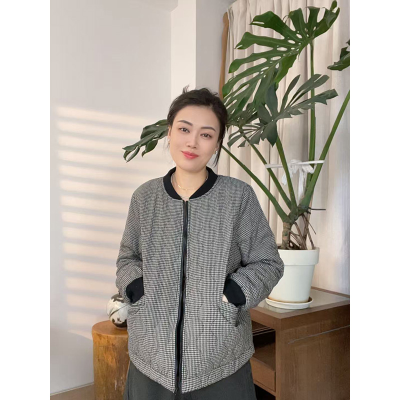 稻子家 爆款冬季2025格子棒球领夹棉加厚保暖外套6339