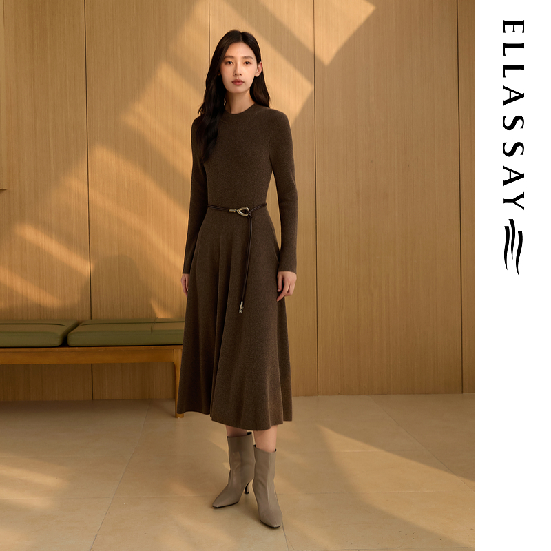 ELLASSAY歌力思2025秋冬新款绵羊毛修身气质连衣裙女EWF364M11200