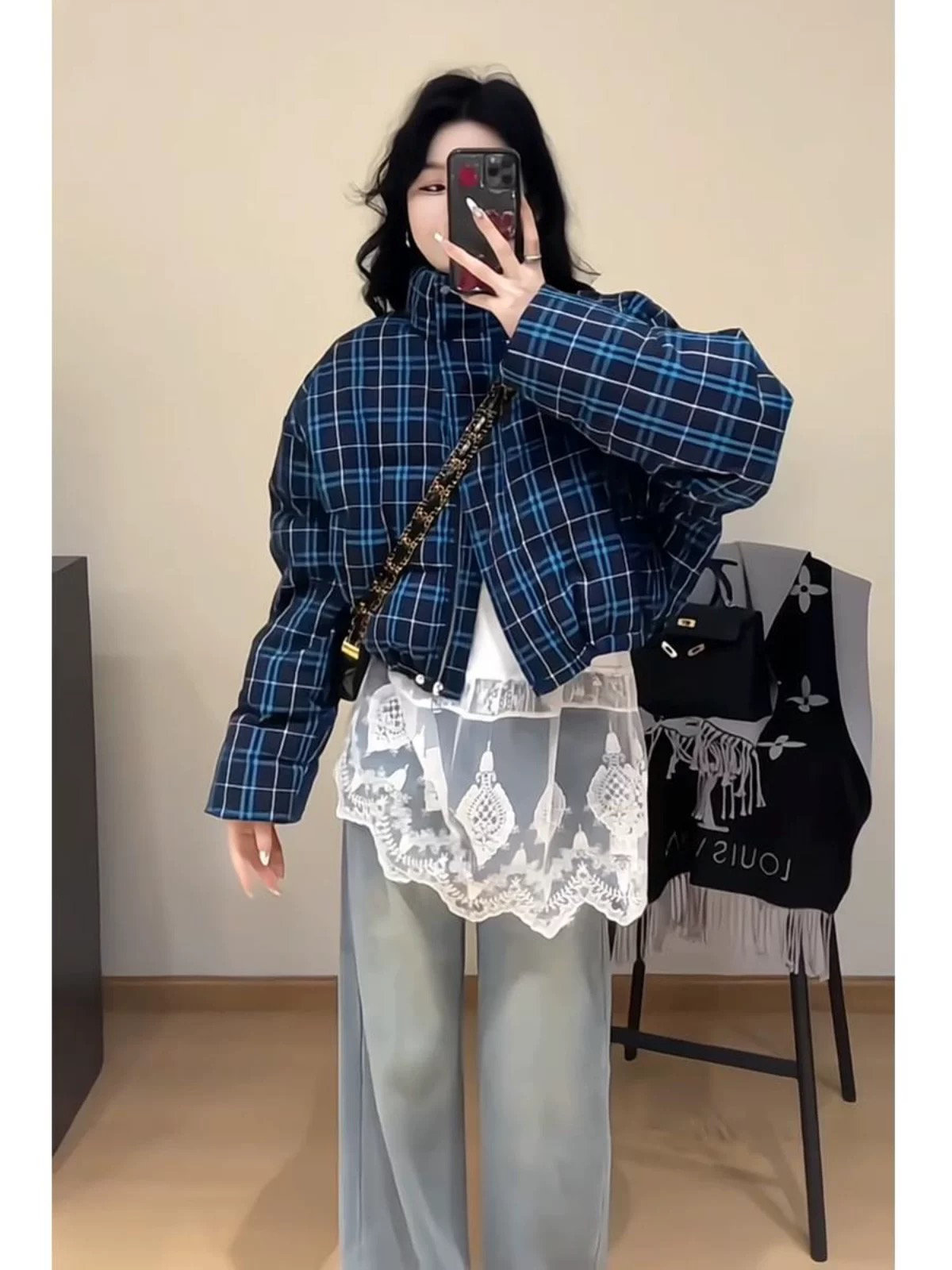 美式复古立领设计格子女冬季新款小个子短款面包服