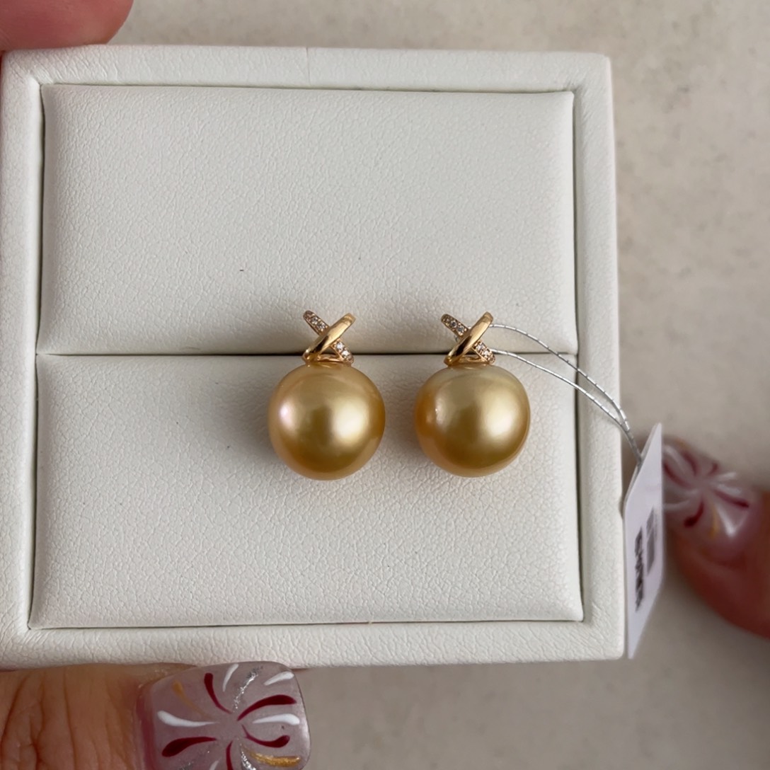 海水珍珠耳饰18K金镶嵌11-12mm