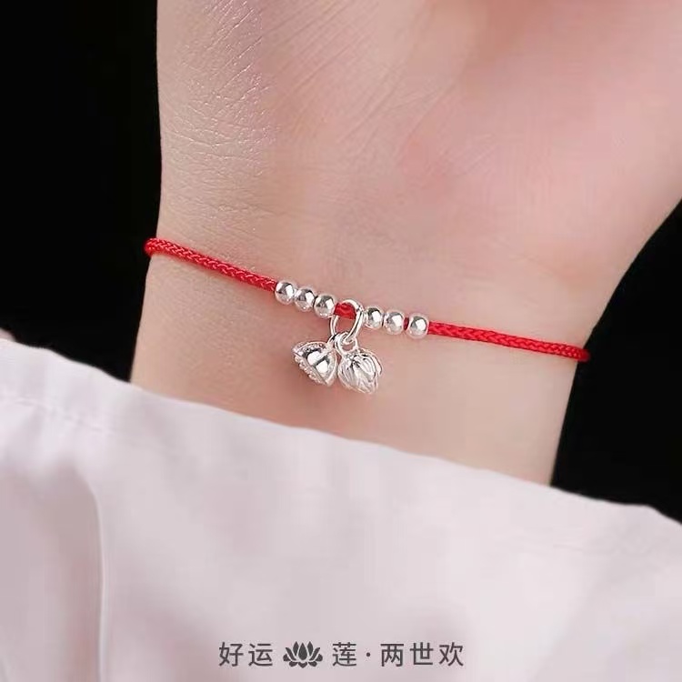 足银脚链 两世欢手链莲花莲蓬手绳脚链平安中国风红绳女情侣银饰