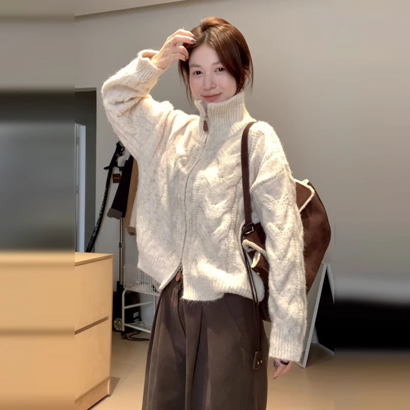 穿搭慵懒风高领毛衣加厚女2025春秋新款双拉链上衣设计感开衫外套