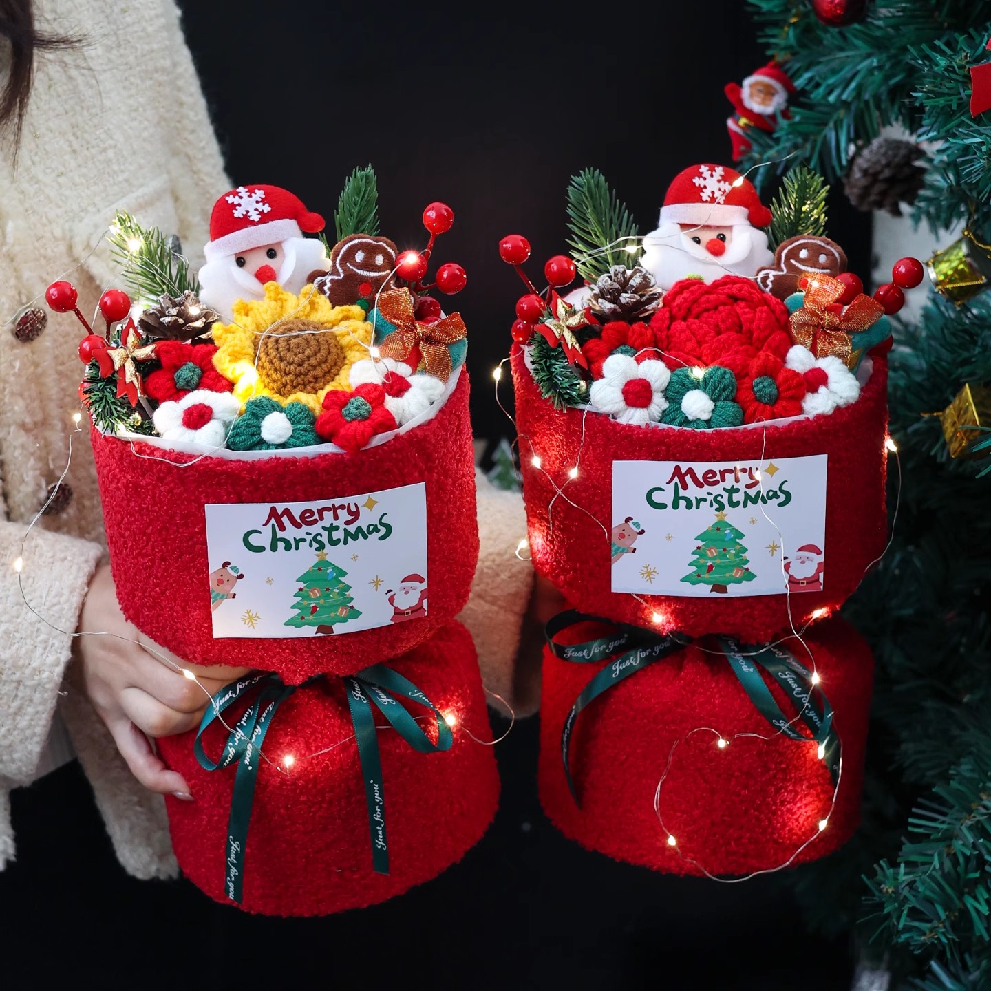 圣诞节礼物针织毛线花向日葵玫瑰送朋友闺蜜平安夜圣诞老人花束cy