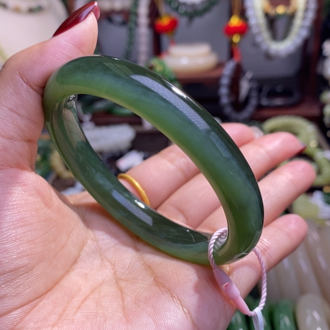 和田玉毕业级老坑料碧玉猫眼手镯57未镶嵌