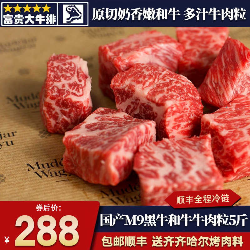 包邮5斤国产黑牛谷饲和牛M9原切牛肉粒雪花霜降奶香烧烤烤肉辅食