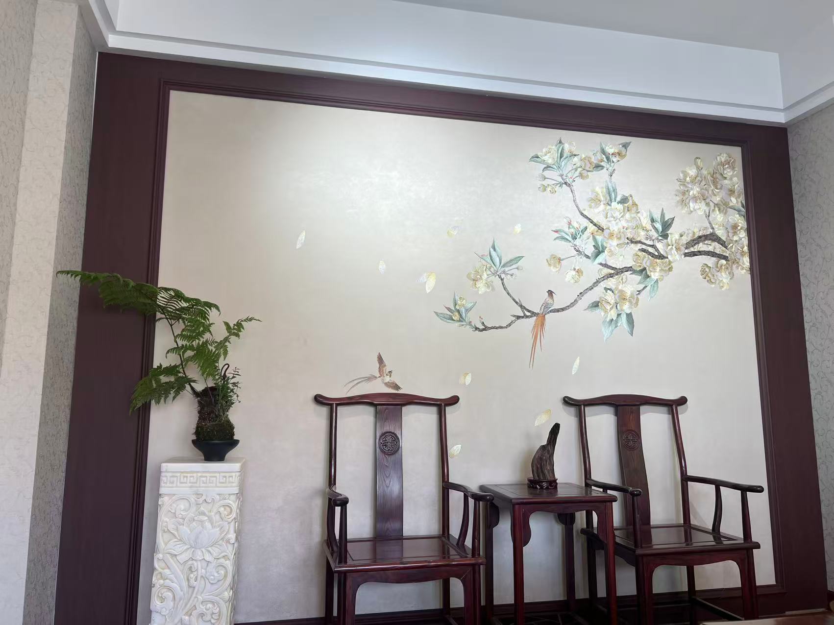 玉绣阁高档客厅刺绣背景墙布壁画，中式高端沙发背景墙布，高端刺绣