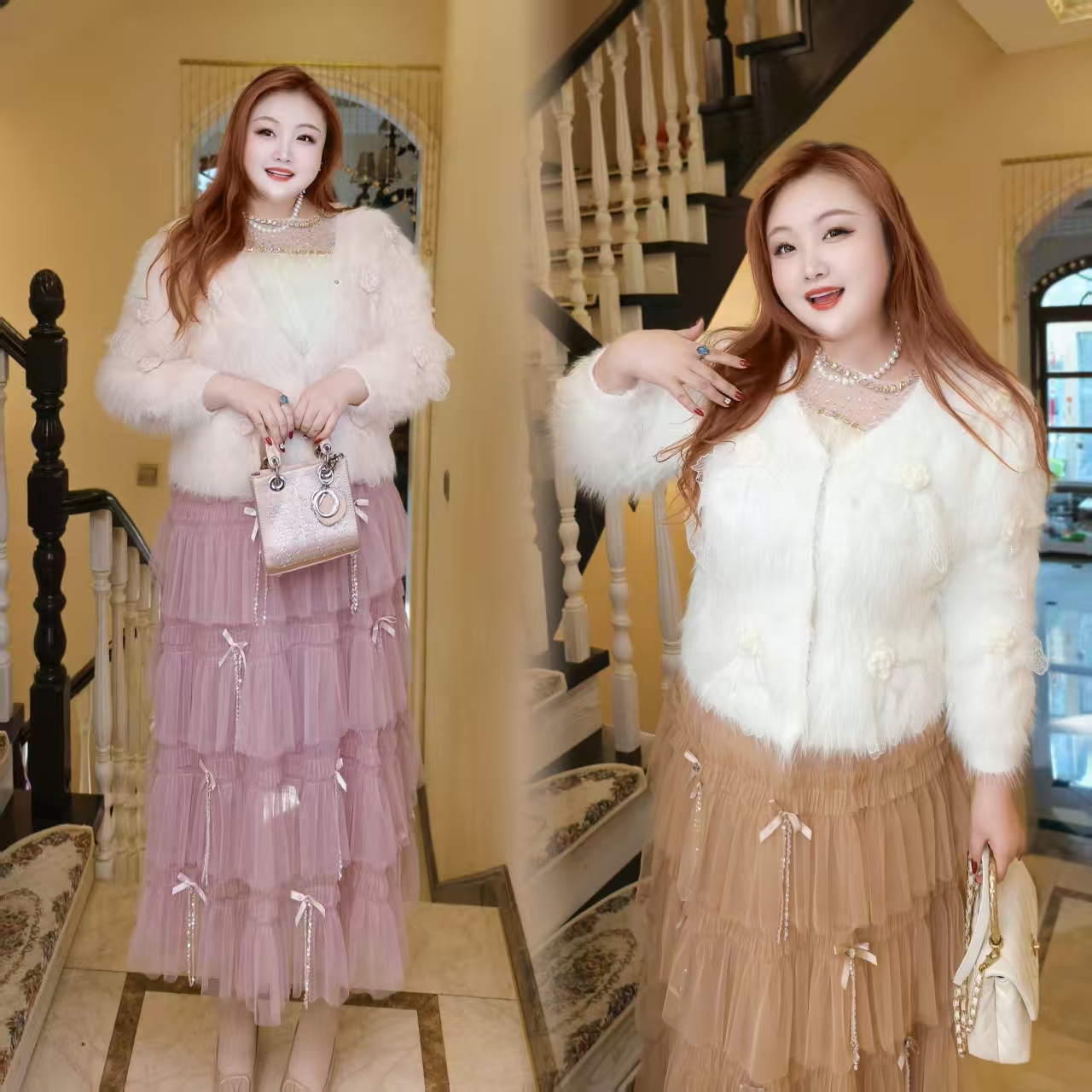 【法式情缘】钻石家大码轻奢仿貂绒立体花花钉珠开衫毛衫 DMS2527