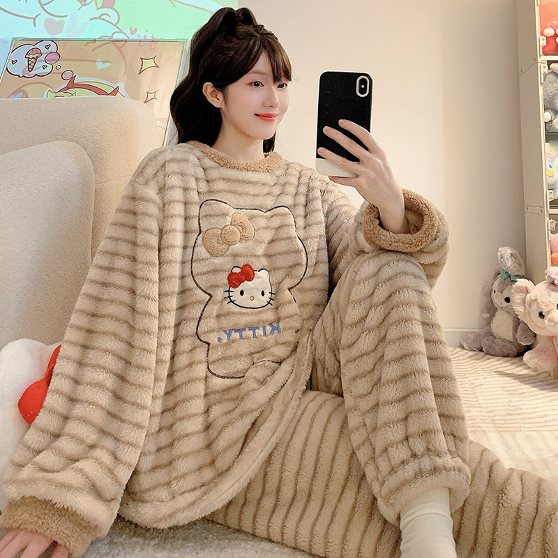 珊瑚绒束脚睡衣女冬季保暖甜美长袖加肥大码220斤胖mm家居服外穿