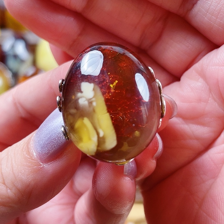 琥珀银S925镶嵌裸石戒指