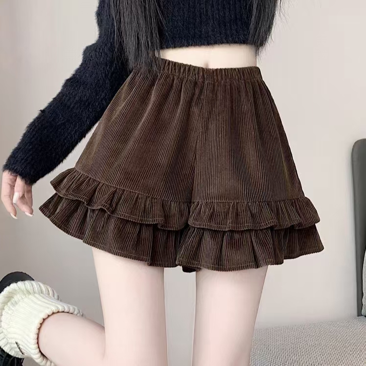 美拉德咖色灯芯绒休闲短裤女秋冬外穿设计感双层荷叶边a字阔腿裤