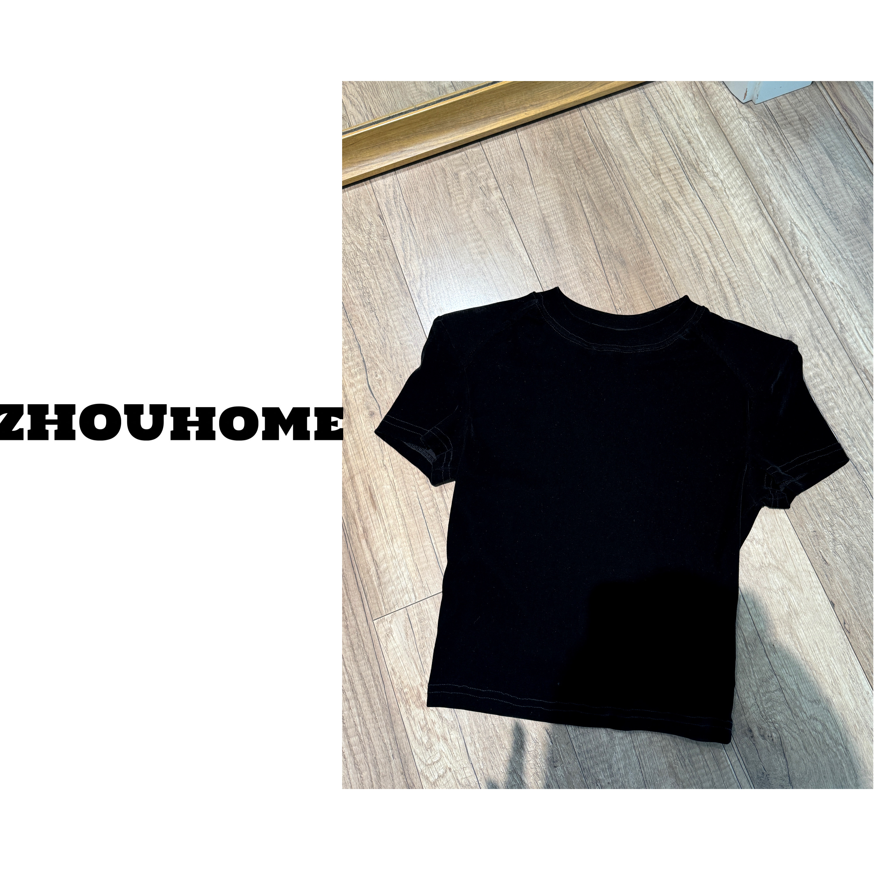 【周周服饰】可脱卸垫肩显瘦圆领短袖丝绒上衣女夏季新款勿机洗