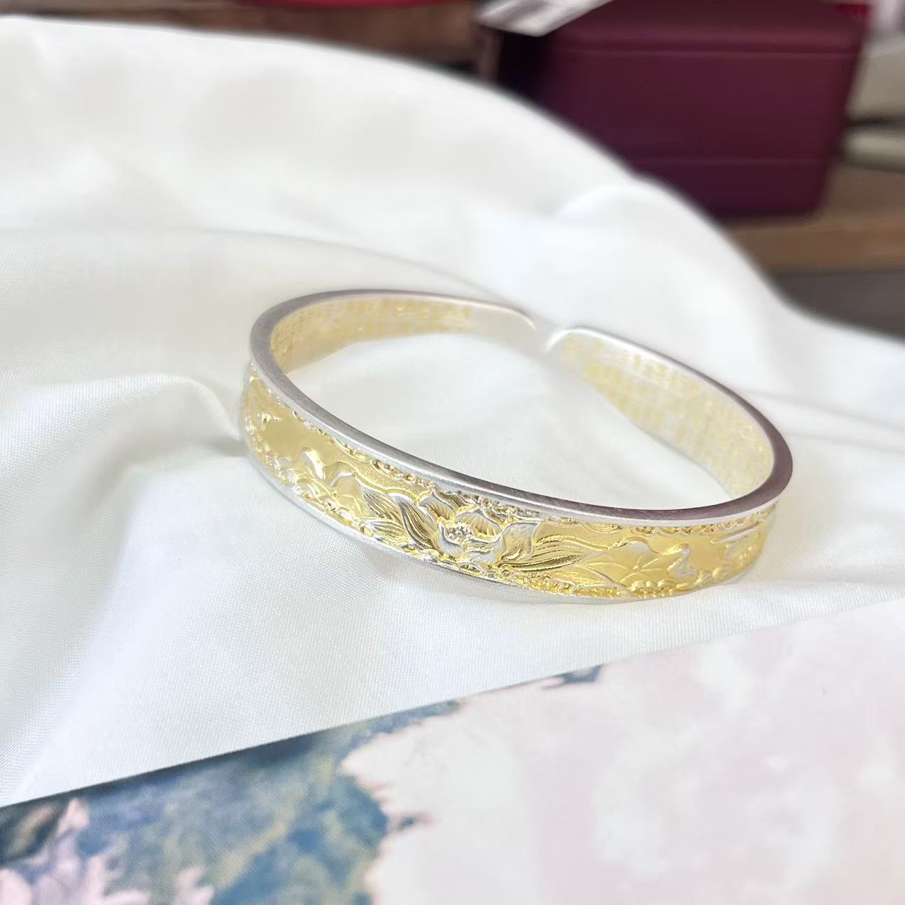 足银手镯 足银999.9【莲年有鱼】描金古风手镯