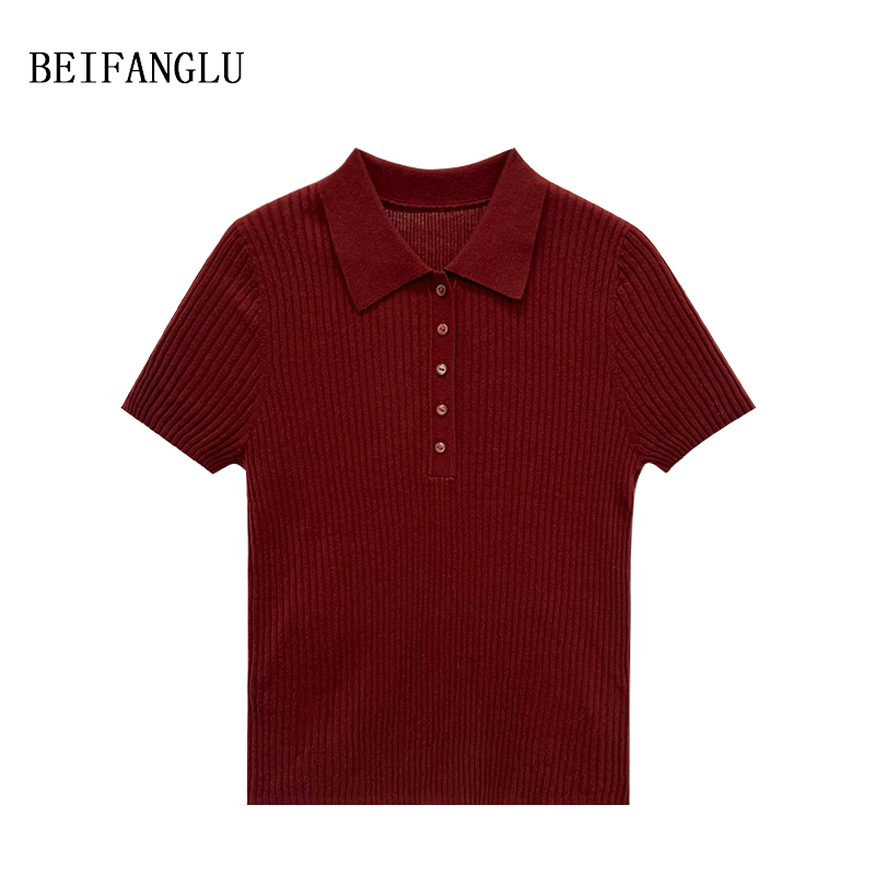 北方鹿 法式温柔菱花白 天丝三醋酯羊绒气质翻领坑条针织短袖6995