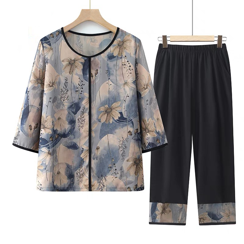 奶奶装夏季t恤两件套妈妈装中老年人春装薄款七分袖套装老人衣服