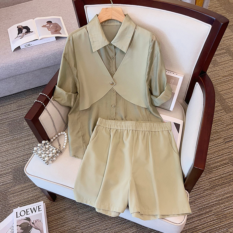 16807（28）夏装大码女翻领开叉长袖衬衣上衣松紧腰短裤两件套装