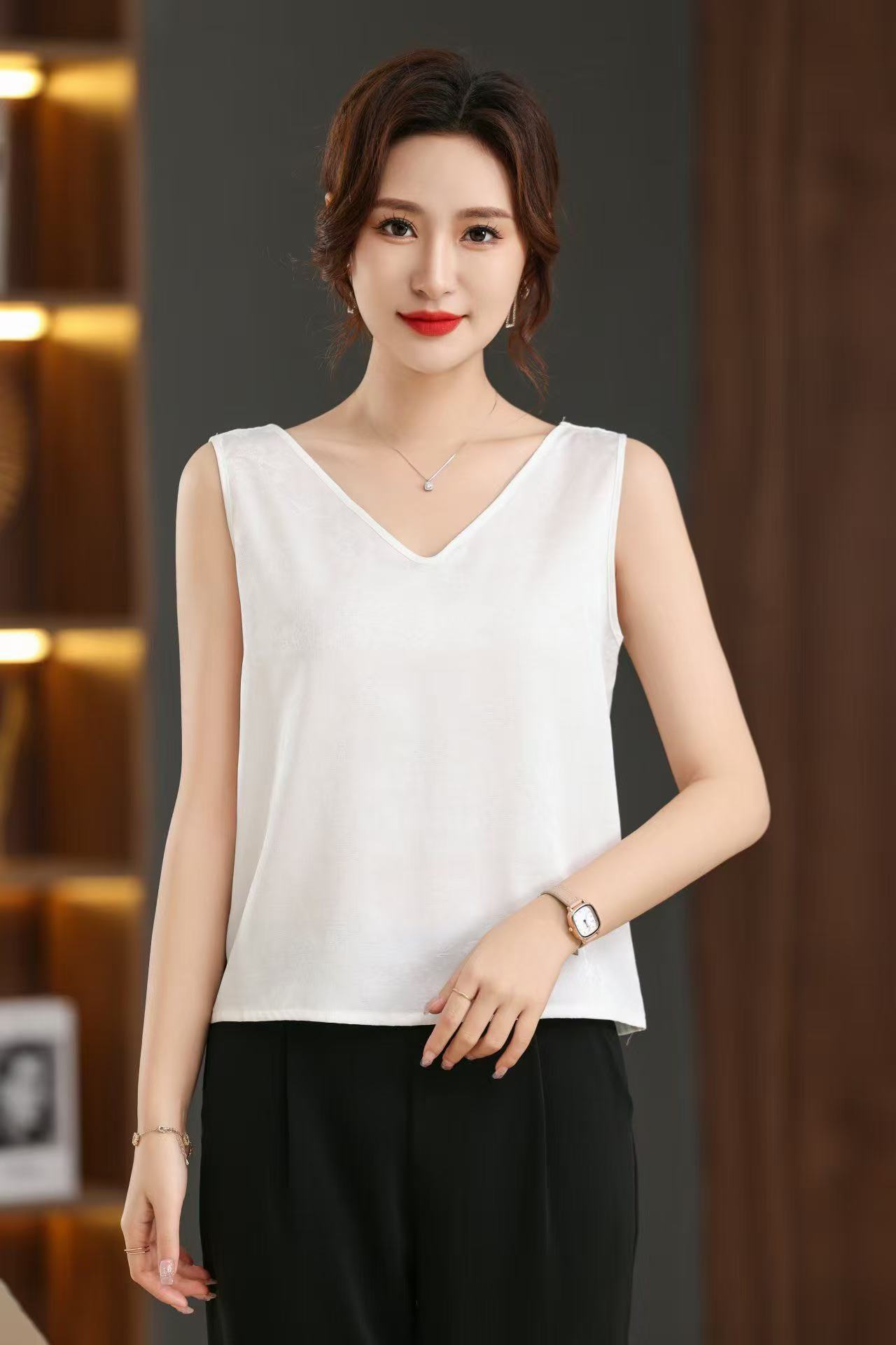 新中式国风妈妈装桑蚕丝提花花螺背心前后两穿内搭外穿时尚透气