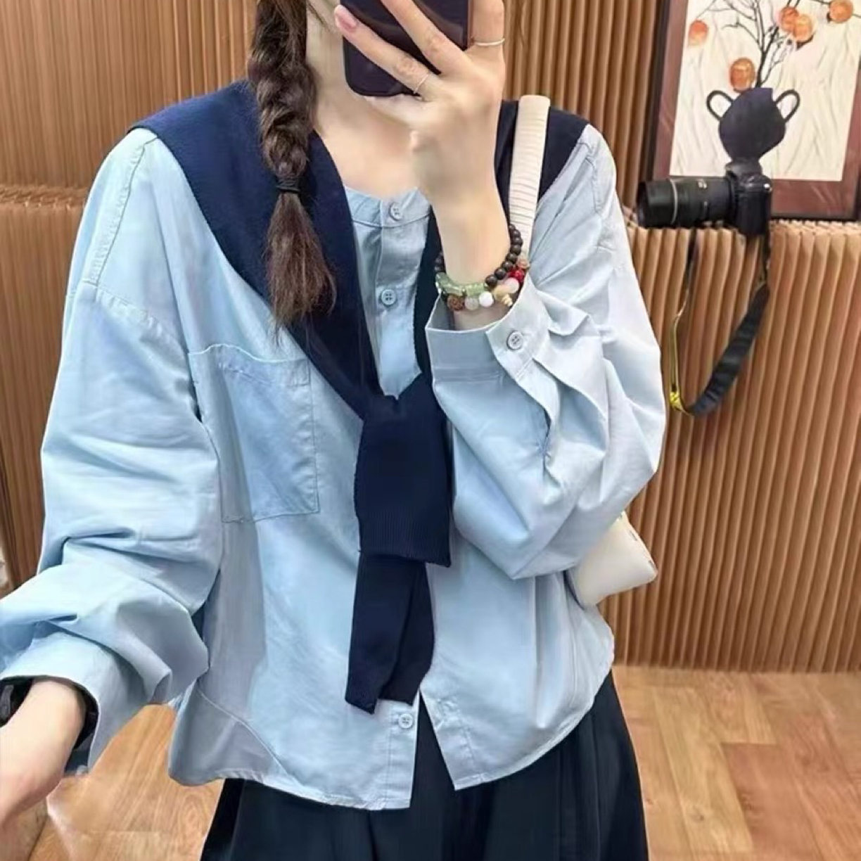 【小北】早秋韩版圆领披肩设计感长袖衬衫女气质宽松百搭上衣衬衣
