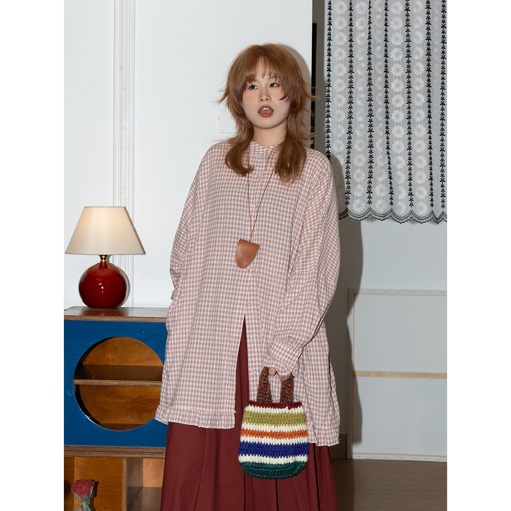 复古粉色格纹衬衫裙日系木耳边中长款上衣百搭宽松显瘦女