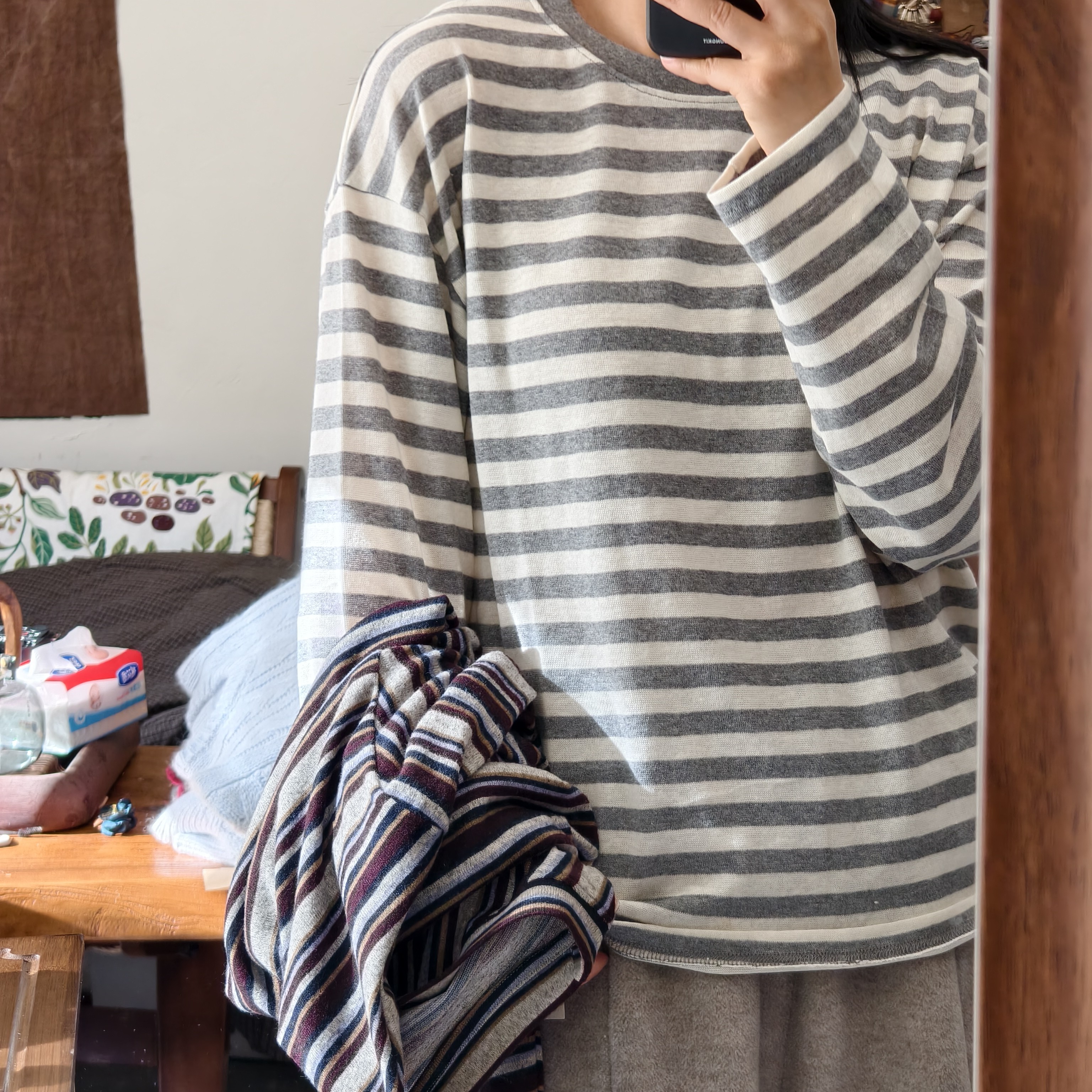 时尚百搭条纹长袖纯棉T恤女秋季新款宽松打底外穿