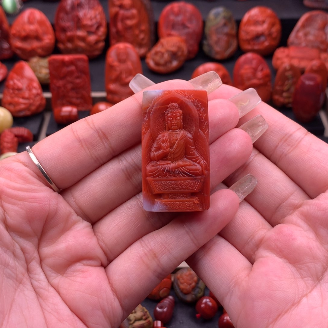 南红玛瑙南红川料苏工精雕阿弥陀佛牌子23.3mm未镶嵌