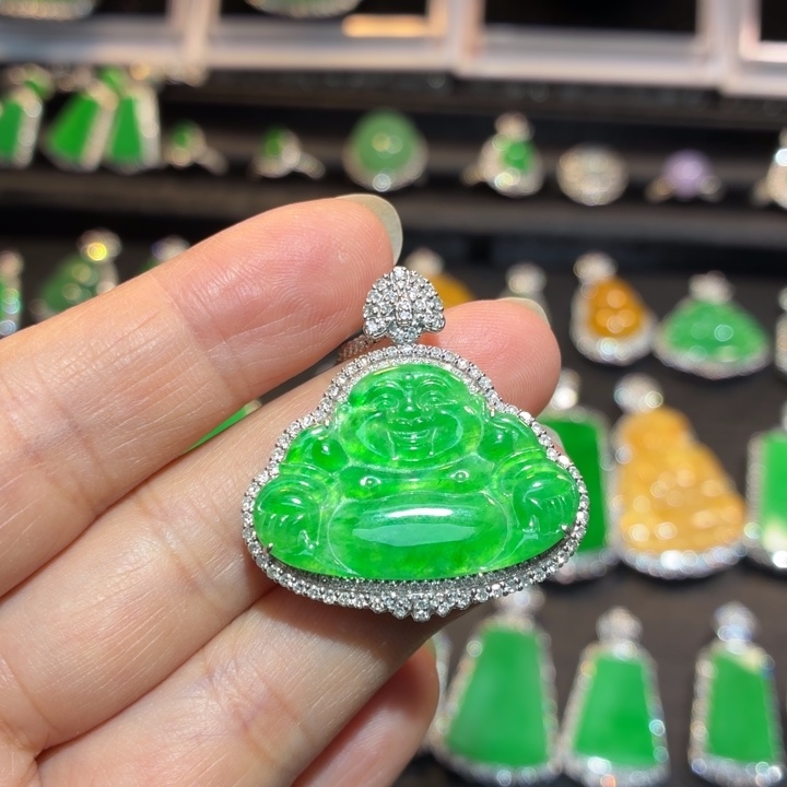 好***)翡翠18K金镶嵌吊坠(不含链)翡翠