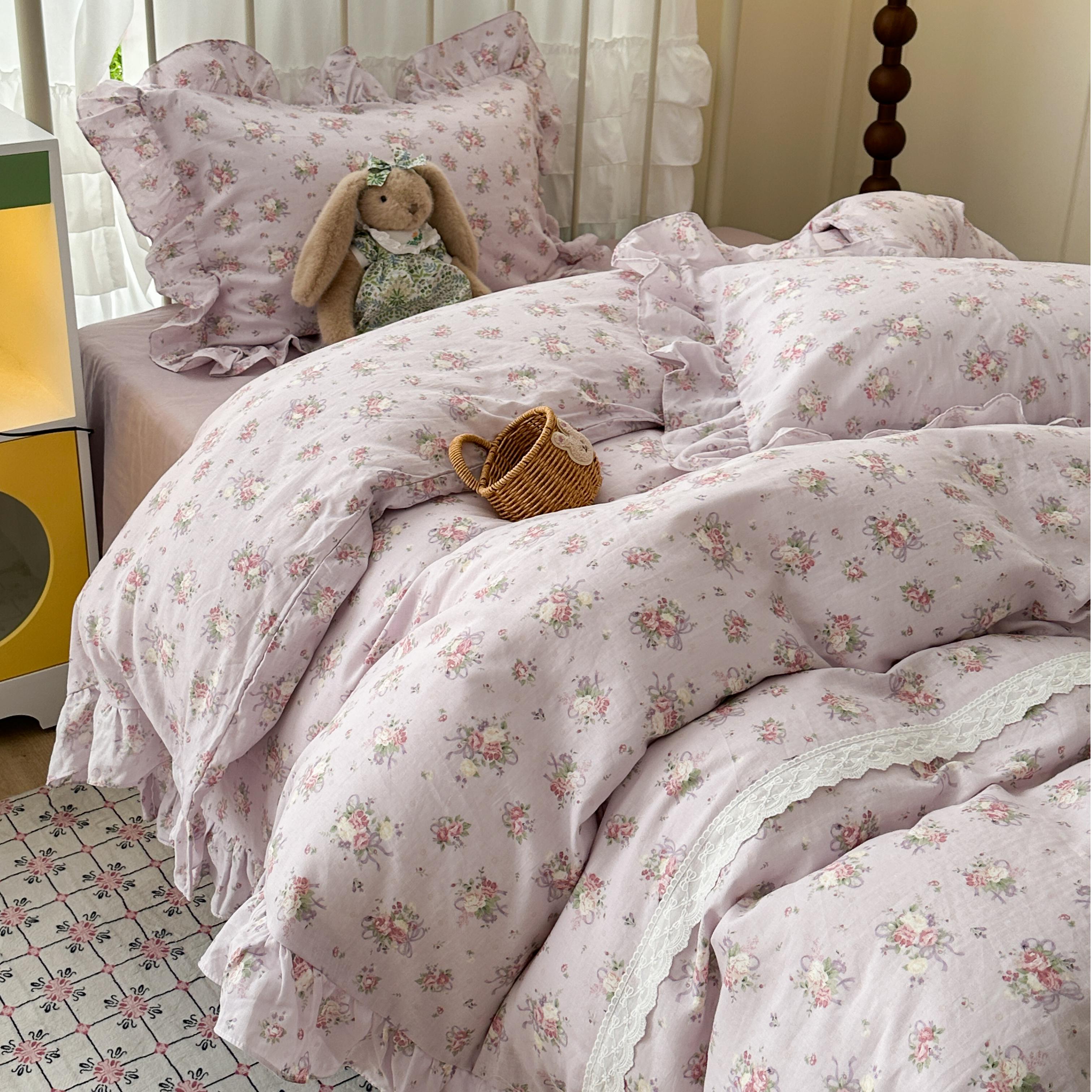 适禾家全棉双层纱花边拼蕾丝小碎花母婴级四季床单套件床上用品