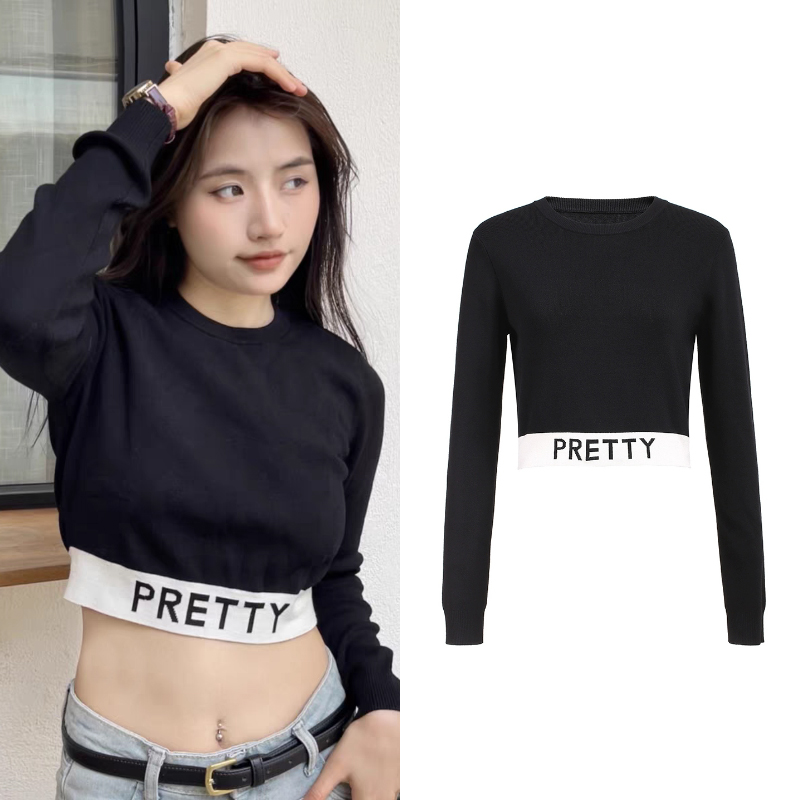 8252休闲运动风长袖休闲针织衫女2025春新品短款露腰辣妹风上衣