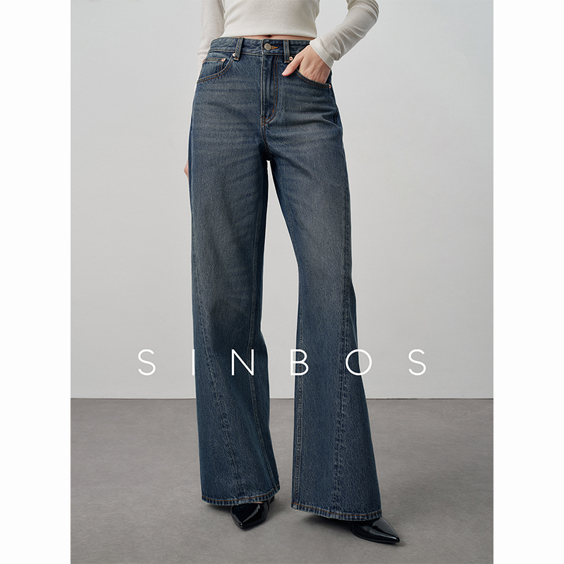SINBOS赴川 四季百搭经典丹宁100棉微喇牛仔裤女直筒长裤ZB