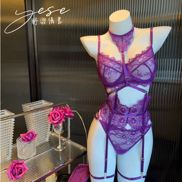 【你的视角】Yese野涩情书重工绑带显瘦鱼骨蕾丝法式性感内衣五件套