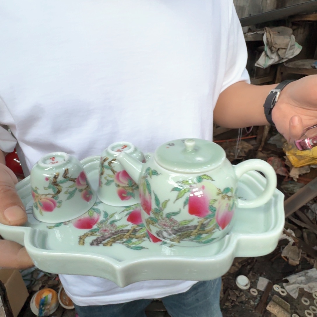 瓷片景德镇高温陶瓷影青粉桃一套